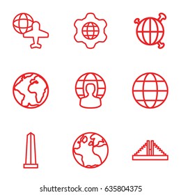 America icons set. set of 9 america outline icons such as globe, chichen itza, monument, globe and plane