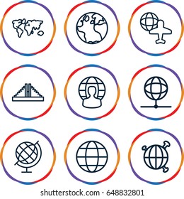 America icons set. set of 9 america outline icons such as globe, chichen itza, globe and plane, user globe