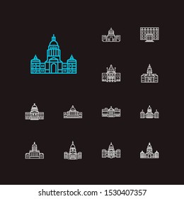 America icons set. Alaska state capitol and america icons with cathedral, indiana state capitol and government. Set of scenic for web app logo UI design.