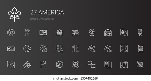 america icons set. Collection of america with map, earth, sign, flag, flags, earth globe, planet, signs, planet earth, maple leaf. Editable and scalable america icons.