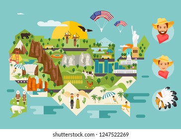 America illustrated map of attractions. Travel infographics about the United States. Vector illustration