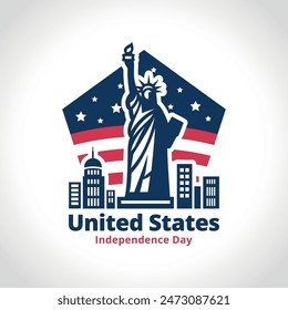 Logo del día de la independencia de Estados Unidos el 4 de julio con íconos de elementos estadounidenses, la Estatua de la Libertad, fuegos artificiales, estrellas, banderas, etc, Ilustración vectorial aislada.