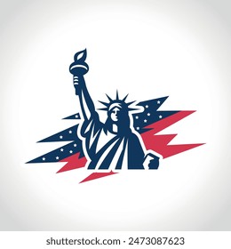 Amerika Unabhängigkeitstag 4. Juli Logo mit USA Element Icons, die Freiheitsstatue, Feuerwerk, Stern, Fahnen, etc, Isolated Vektorillustration.