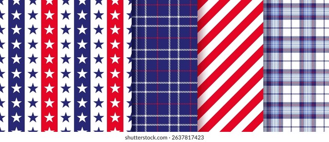 America independence day backgrounds. Patriotic seamless pattern. 4th july textures. American flag prints. Set of blue red geometric backdrops with stars stripes and plaid. Vector illustration.