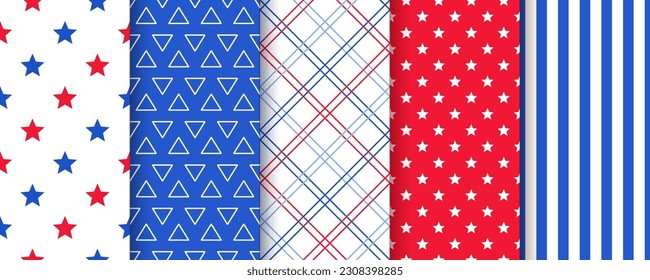 Amerikanische Unabhängigkeitstage-Hintergründe. Nahtloses Muster. 4. Juli patriotische Texturen. Die amerikanische Flagge druckt. Set aus blauem, geometrischem Hintergrund mit Sternen Streifen und Plaid. Vektorgrafik.   