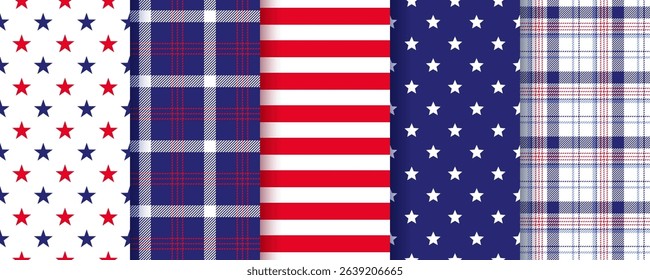 America independence day backgrounds. Seamless pattern. 4th july patriotic textures. American flag prints. Set of blue red geometric backdrops with stars, stripes and plaid. Vector illustration.