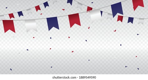 America Independence Day concept greeting background on transparent grid with tricolor confetti. Decorative elements for national day of USA.