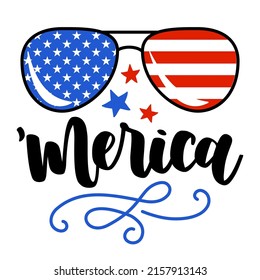 America - Independence Day, International July 4th Day greeting card. Calligraphy handwritten phrase and hand drawn sunglass. Handmade calligraphy illustration. Happy fourth o July on white background