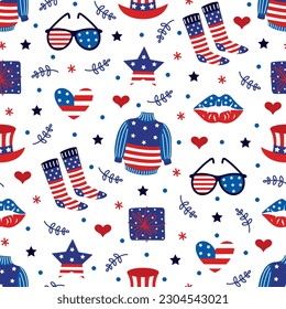 America Independence Day nahtlose Vektorgrafik-Muster. Symbol der Freiheit - USA Flagge Pullover, Socken, Sonnenbrillen, Top Hut, Stern, Kuss der Freiheit. Patriot unterschreiben, Nationalfeiertag. Flacher Cartoon-Hintergrund