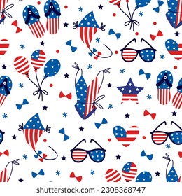 America Independence Day seamless vector pattern. Symbol of summer sea vacation - USA flag swimsuit, sunglasses, kite, flip flops, balloons. Patriotic holiday July 4th. Flat cartoon background for web