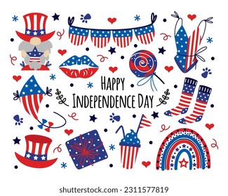 America Independence Day vector set. Symbol of liberty - patriotic gnome, USA flag swimsuit, rainbow, gift, kite, garland. National holiday July 4th, summer event. Flat cartoon clipart for print, web