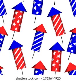America Independent Day seamless pattern. Vector festive illustrations. 4th of July background with fireworks