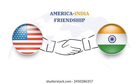 America and india  flags in circle with shake hand. America And India friendship. American And indian flags, isolated on white background. Vector icon set. Vector illustration.