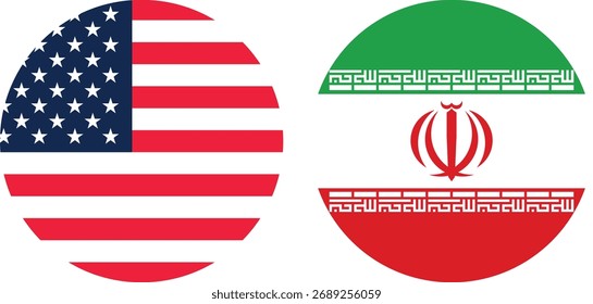Vector circular de la bandera de América e Irán con fondo transparente 