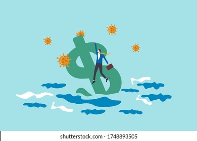 America Jobless And Unemployment Crisis From COVID-19 Coronavirus Or Recession Economy And Financial Crash Concept, Jobless Businessman Holding US Dollar Sign Sinking Into Ocean With Virus Pathogen.