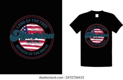 A America Land of the Free Debido a la Valiente Silueta de Militar en USA United States Fondo de la Bandera Estadounidense con Letras, Vector de Diseño gráfico, Camiseta