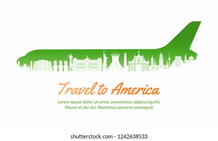 America landmark inside with plane shape,concept art  silhouette style,vector illustration,green gradient,vector illustration