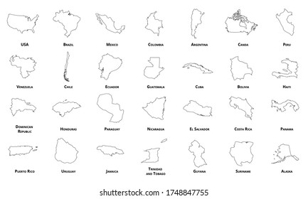 America Line Map pack, American country illustration, outline vector isolated on white background