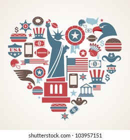America love - heart shape with many vector icons