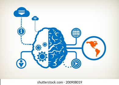 America map and abstract human brain, the concept of the information movement