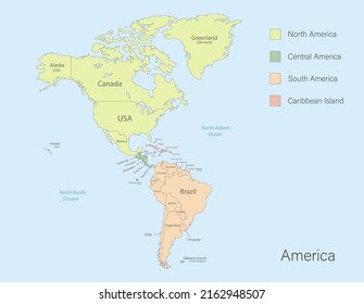 America map, classic color detailed map with states islands and sea with names vector