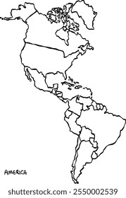 Mapa de América doodle, desenho de linha contínua, mapa de estilo doodle desenhado à mão