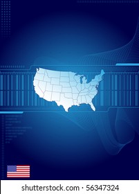 America Map And Flag On The Blue Abstract Background