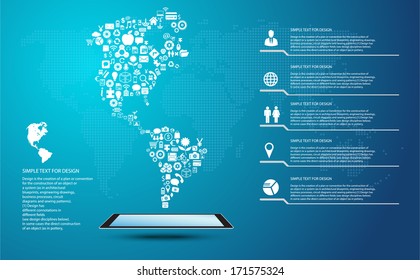 America map, Icon shape infographic with global communication icons 