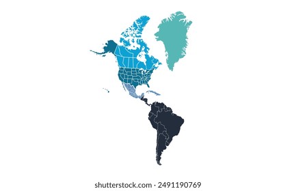 America map with individual colors,isolated on white background for website layouts,background,education, precise,customizable,Travel worldwide,map silhouette backdrop,earth geography, political.