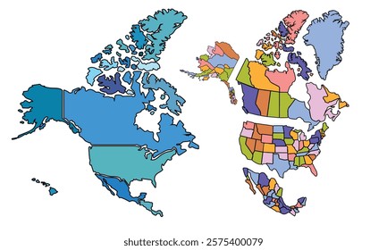 America map isolated modern colorful style. for website layouts, background, education, precise, customizable, Travel worldwide, earth geography, political, reports.