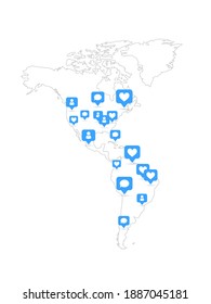America map with lots social likes and comments blue icons on white background