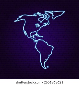 Mapa da América Neon Continent. Ilustração em Arte Brilhante Vetorial de Forma Geográfica. Geografia e Cartografia. Objeto De Lâmpada De Led. Sul e Norte.
