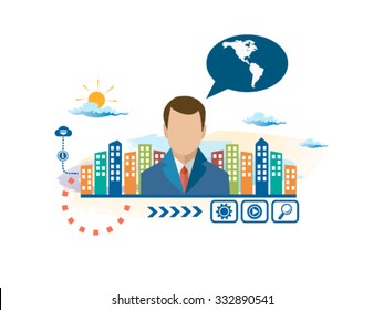 America map and person with bubbles for dialogue. Think and decide. Concept for business.