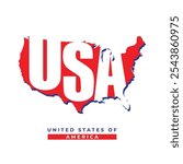 America map silhouette with the text USA inside it. Map outline of the United Stats of America isolated on white background. US logo, label, sticker for t-shirt.