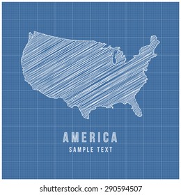 America Map Vector Line Sketch Up with Grid Background