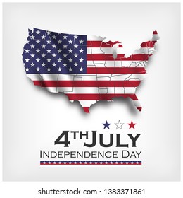 America map and waving flag . independence day of USA 4th July . Vector .