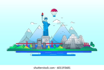 America - modern vector line travel illustration. Discover the New World continent. Have a trip, enjoy your vacation. Be on a journey. See landmarks - stature of liberty, brooklyn bridge, mayan temple