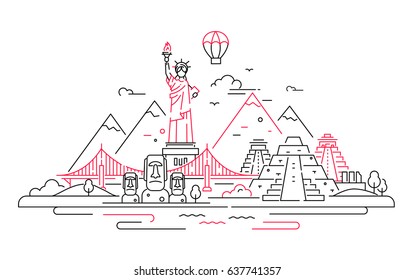 America - modern vector line travel illustration. Discover New World continent. Have a trip, enjoy your vacation. Be on a journey. See landmarks like stature of liberty, Brooklyn bridge, Mayan temple