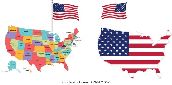 Mapa de America officIal y diseño de mapa colorido en fondo blanco Mapa de diseño de día de independencia de América dos mapas diferentes y lado superior dos Ilustraciones vectoriales de bandera de pie sobre fondo blanco 