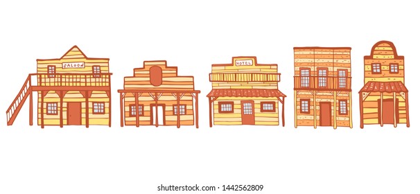 America Old West town houses. Outline hand drawn color sketch doodle vector illustration  on white background