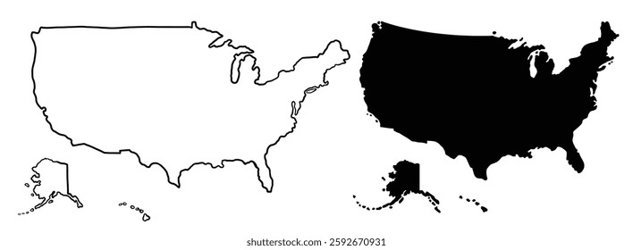 America Outline and Black Color Map . High-Quality Vector Illustration . Simple and Detailed America Map for Travel . Education and Design.