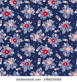 America Patriotic Vector Seamless Pattern For 4th Of July Holiday Decoration With USA Typography, Stars And Flowers. Red, Pink And Navy Repeat Design For Fabric Print.