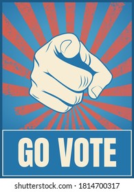 America presidential election 2020 campaign vector banner with motivational message, hand pointing at viewer. Go vote sign. Eps10 illustration.