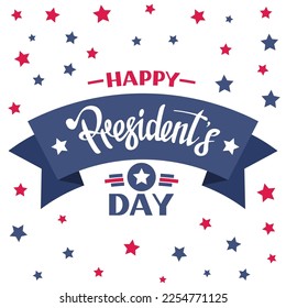 America Presidents Day. USA election poster for presidency. Blue and red stars flag. Happy patriotic event. Democratic vote logo. Ribbon and calligraphy lettering. Vector festive banner