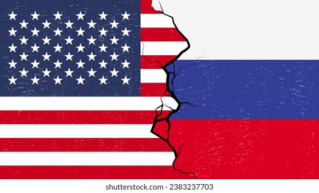America –Russia  proxy conflict with flags and cracked texture