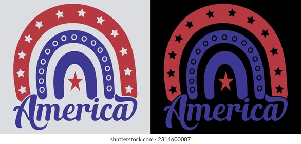 America Rainbow, 4th of July, Clipart cartoon vintage-Retro style for 4th of July banner, poster, card, t shirt, sticker