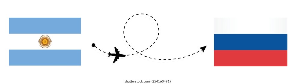 America to Russia flight travel concept  . Buenos Aires to Moscow passenger travelling by airplane . Argentina and Russia flags