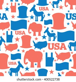 America seamless pattern. USA Election Symbols National pattern. Uncle Sam hat. American flag and map. Democrat Donkey and Republican Elephant. Patriotic background