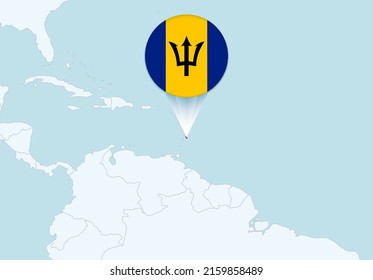 America with selected Barbados map and Barbados flag icon. Vector map and flag.