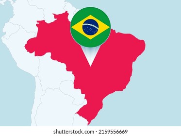 America with selected Brazil map and Brazil flag icon. Vector map and flag.